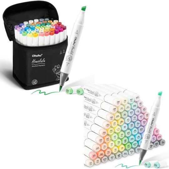 Ohuhu; Ohuhu Honolulu 48 Colors + 96 Pastel Colors Alcohol-Based Markers (Sweetness & Blossoming Series), Brush & Chisel, Dual Tips Art Markers Bundle; Category:Dual Tip Art Markers; Image:1